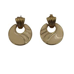 Vintage Trifari Cream Enamel Door Knocker Gold Tone Round Post Earrings
